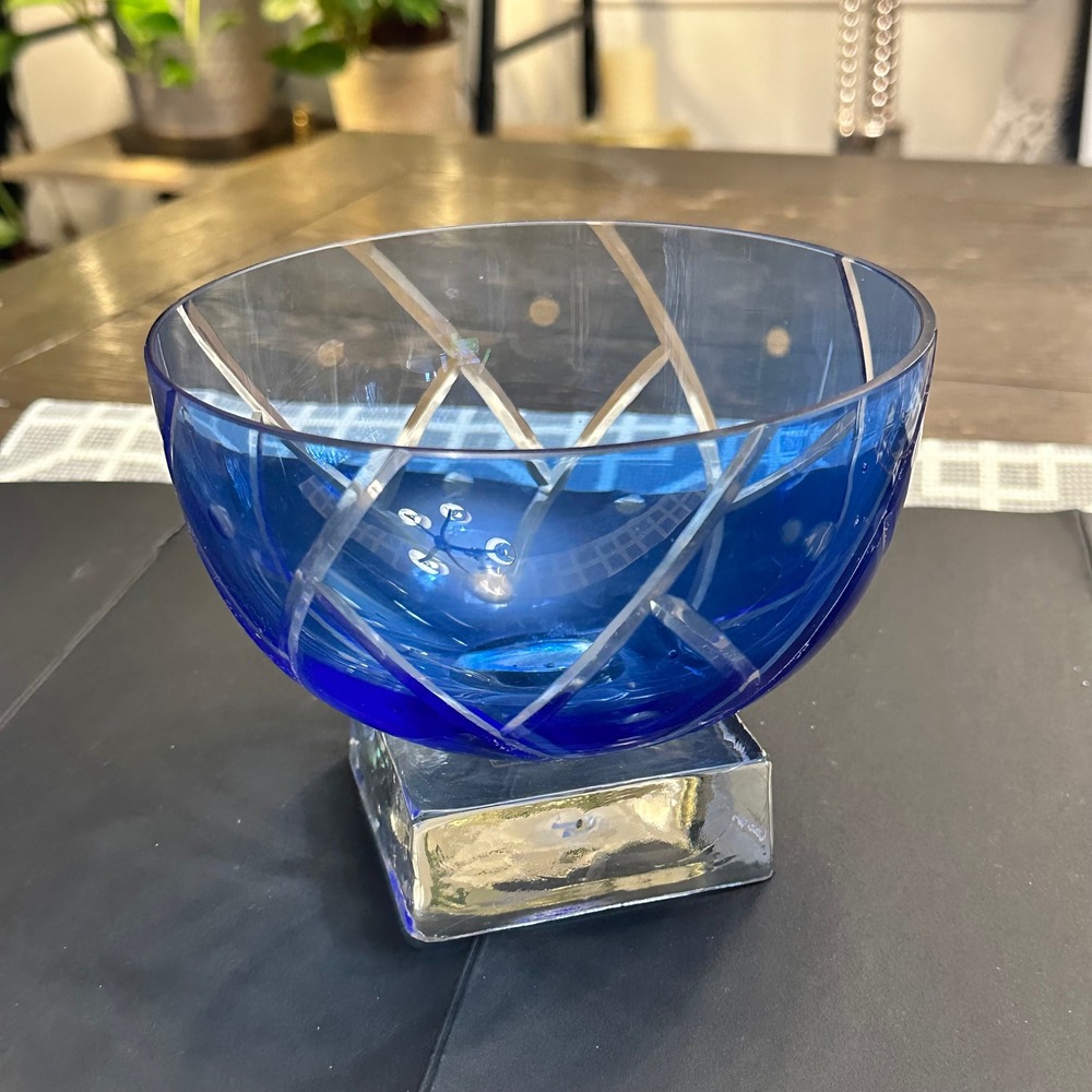 FTD Vintage Cobalt Blue Cut Glass Crystal Bowl‎  1980s Decor Pedestal